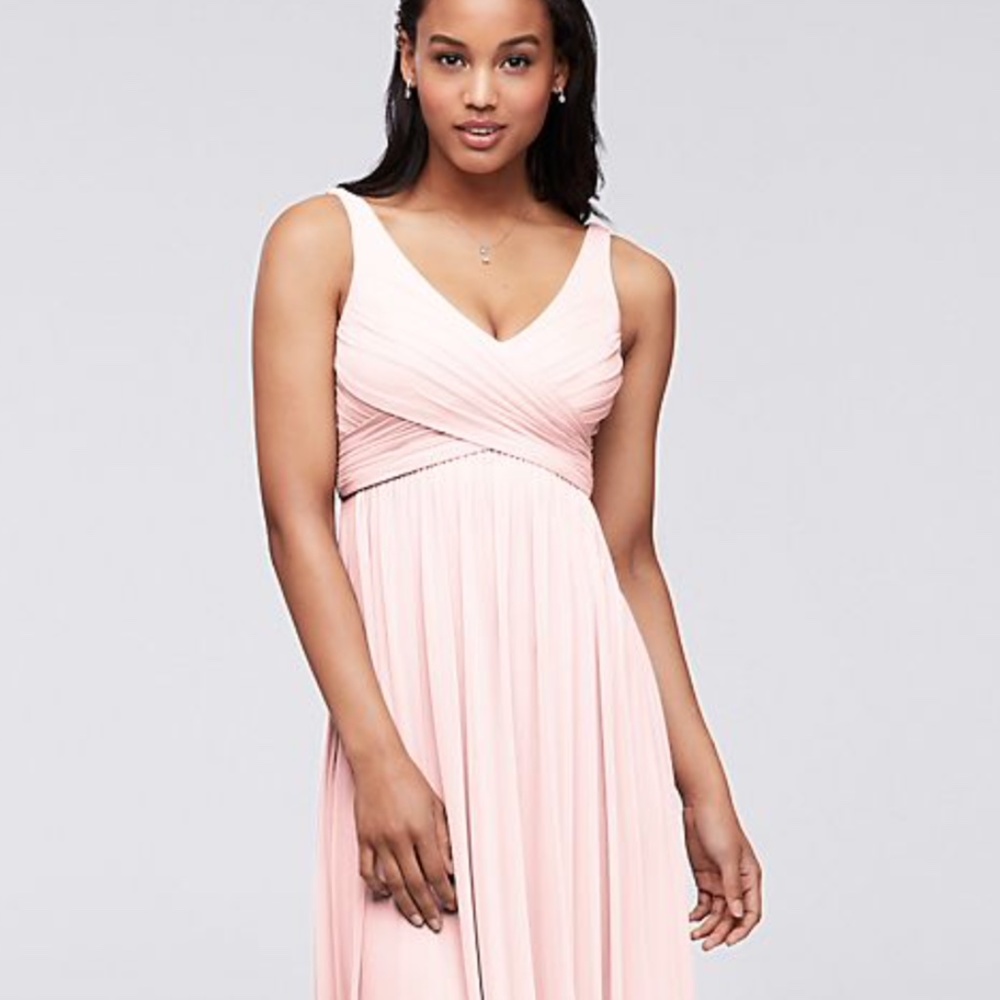 David's Bridal Long Mesh Dress with Cowl Back Detail in Petal